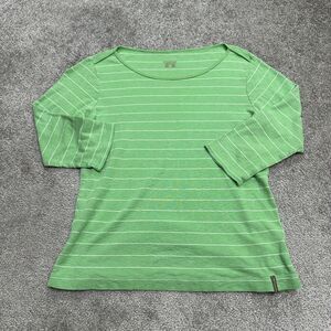 Columbia T-Shirt Womens Large Green White Striped 3/4 Sleeve Round Neck Cotton